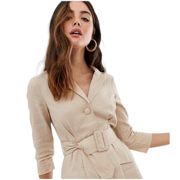 ASOS DESIGN linen mini tux dress with belt in stone sz 12 Large NWT - Picture 4 of 16